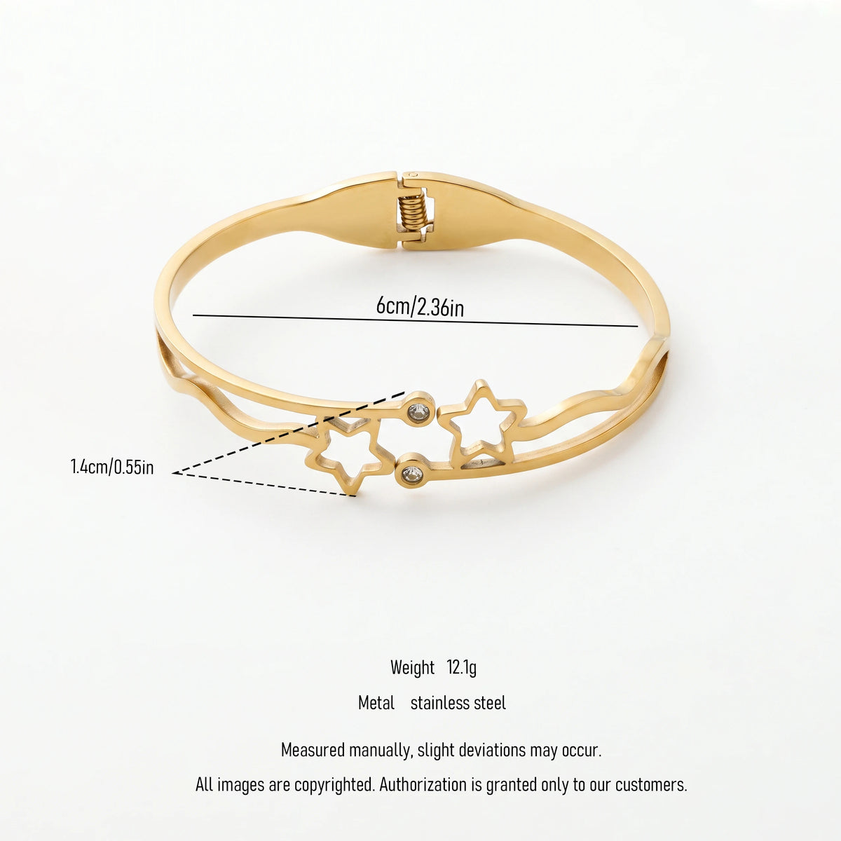 QIAOREN 13652 Open Spring Cuff Bangle with Hollow Double Star & Tiny Round Zircon Inlay, Wavy Curved Thin Gold Bangle