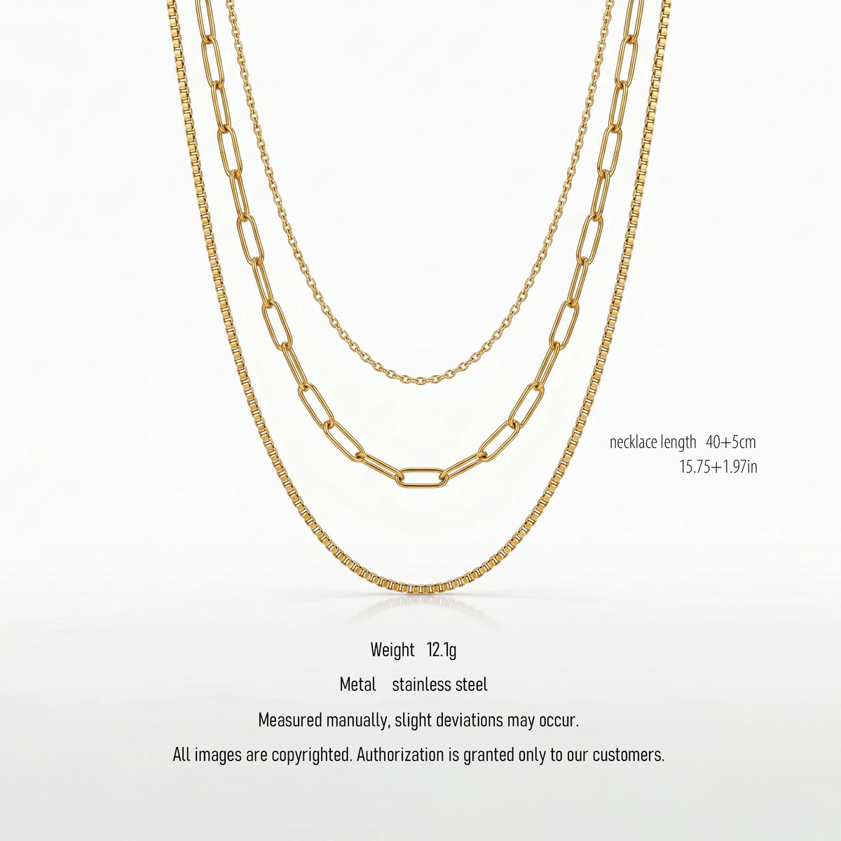 QIAOREN 10590 3 Layered Paperclip Chain Necklace 18K Gold Plated Stainless Steel Waterproof Tarnish Free Trendy Jewelry