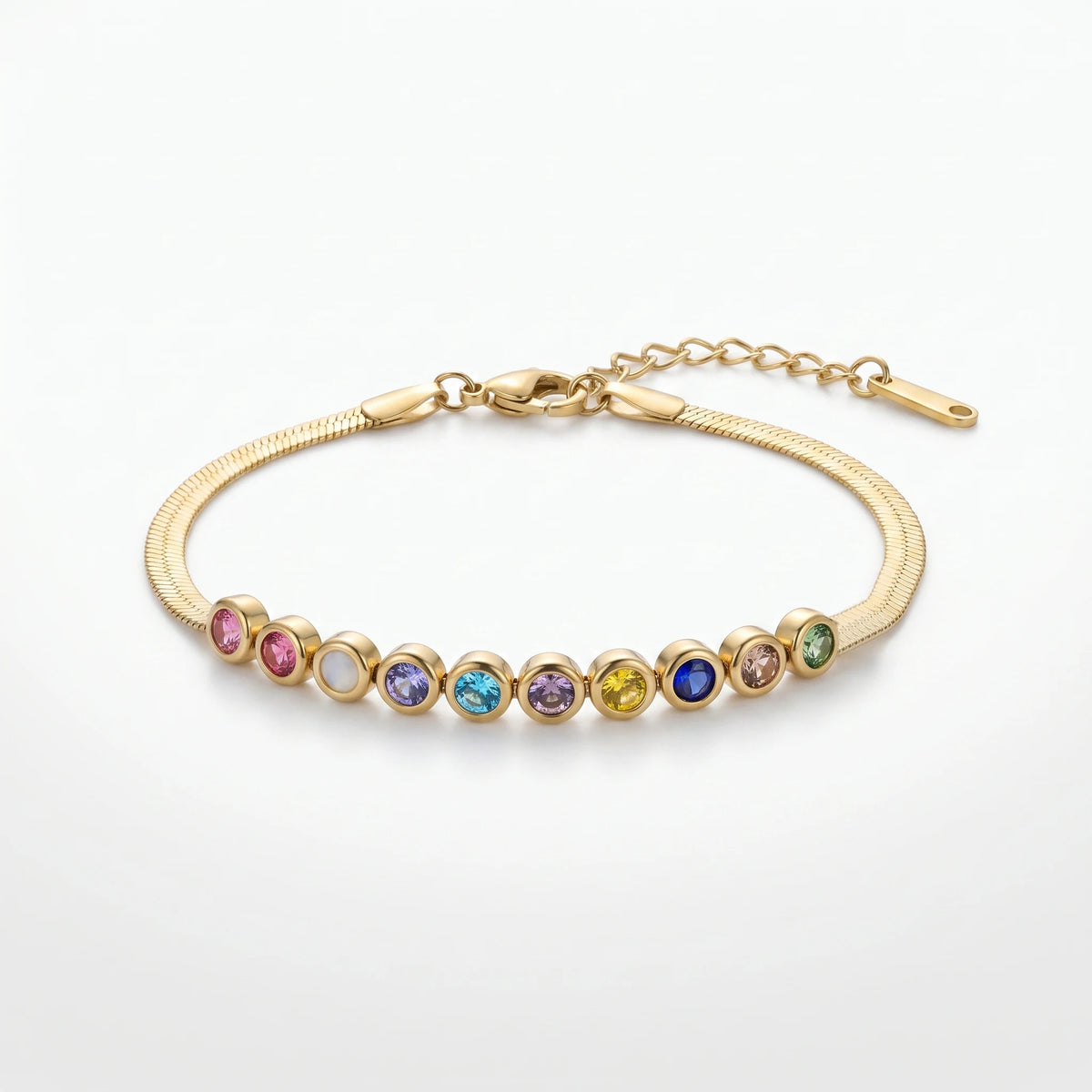 QIAOREN 13285 Gold Plated Stainless Steel Multicolor CZ Snake Chain Bracelet Minimalist Rainbow Crystal Bracelet for Women