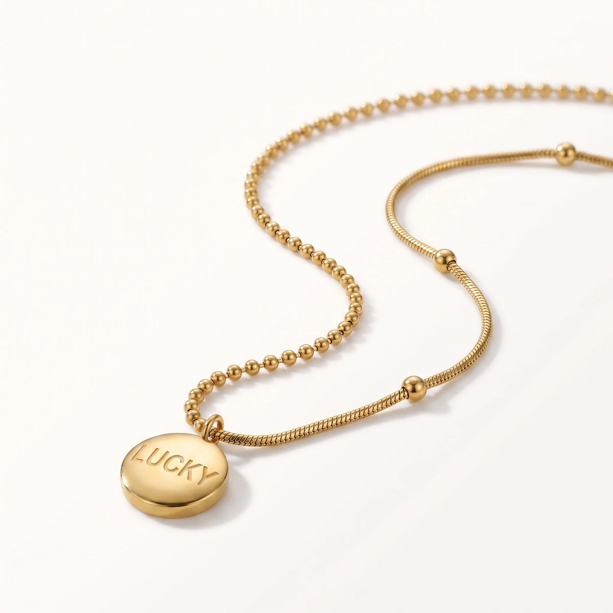 QIAOREN 13760 Asymmetric Dual Link Chain Pendant Necklace with Engraved LUCKY Round Disc Charm, Mixed Ball Bead & Snake Jewelry