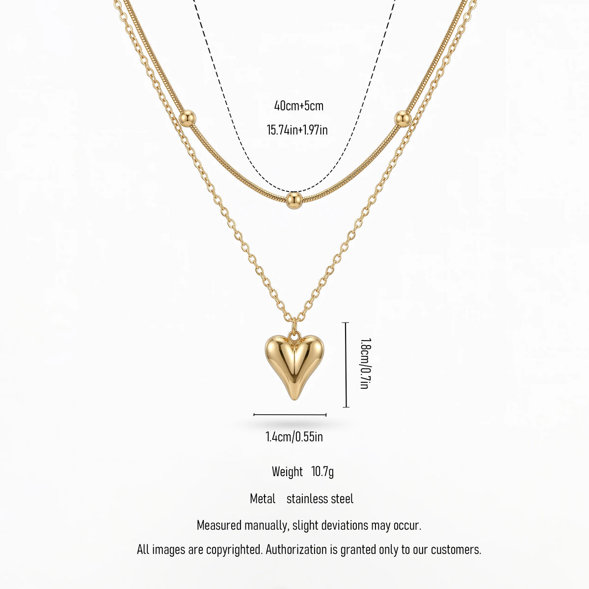QIAOREN 11283 18K Gold Plated Layered Snake Chain Heart Pendant Necklace Stainless Steel Tarnish Free Waterproof Jewelry