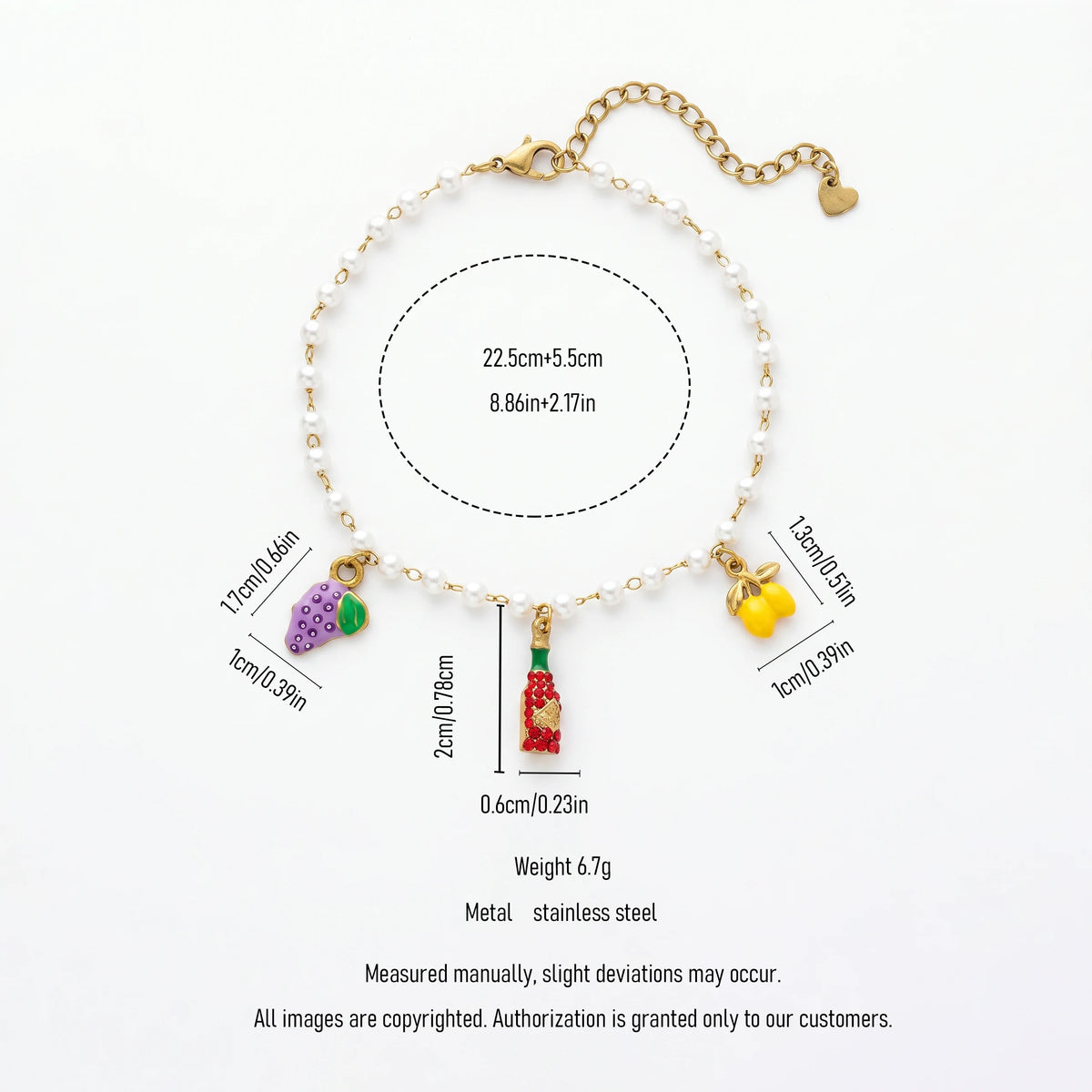 QIAOREN 13308 Sweet Fruit Themed Pearl Anklet Enamel Grape Lemon Rhinestone Wine Bottle Adjustable Heart Jewelry