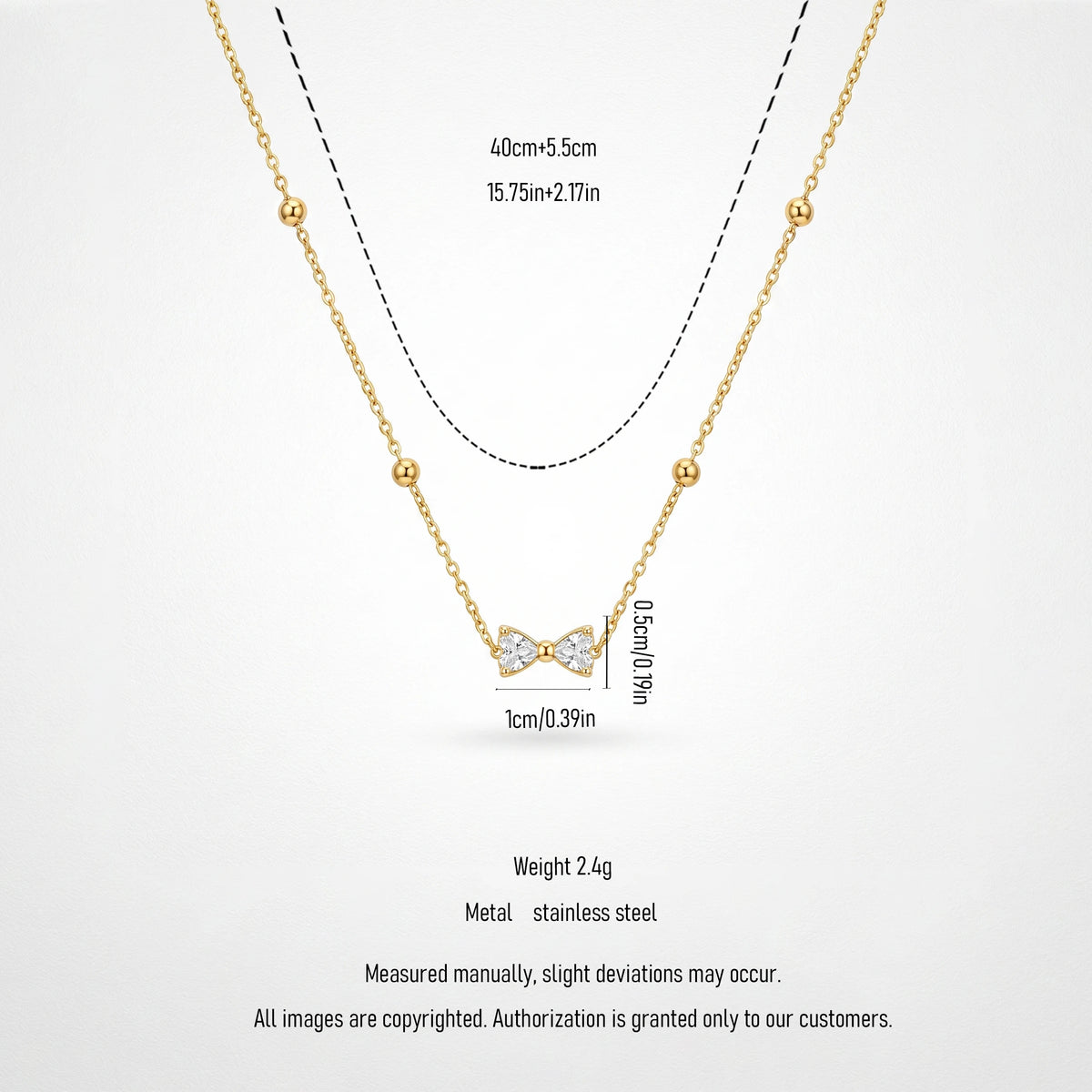 QIAOREN 13509 Dainty Crystal Bow Pendant Station Necklace with Round Beaded Thin Cable Chain, Gold Mini Bowknot CZ Necklace
