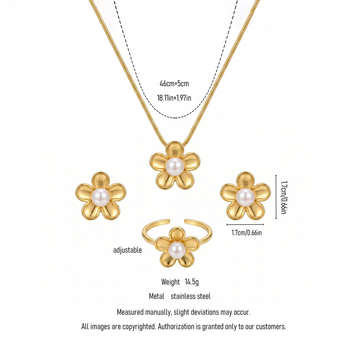 QIAOREN 11634 Hypoallergenic 18K Gold Plated Stainless Steel Puffy Daisy Flower Women's Jewelry Set Pearl Snake Chain Necklace