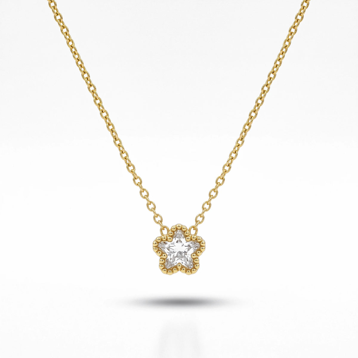 QIAOREN 13542 Dainty Single Star Zircon Pendant Necklace with Beaded Border Frame, Thin Gold Cable Chain