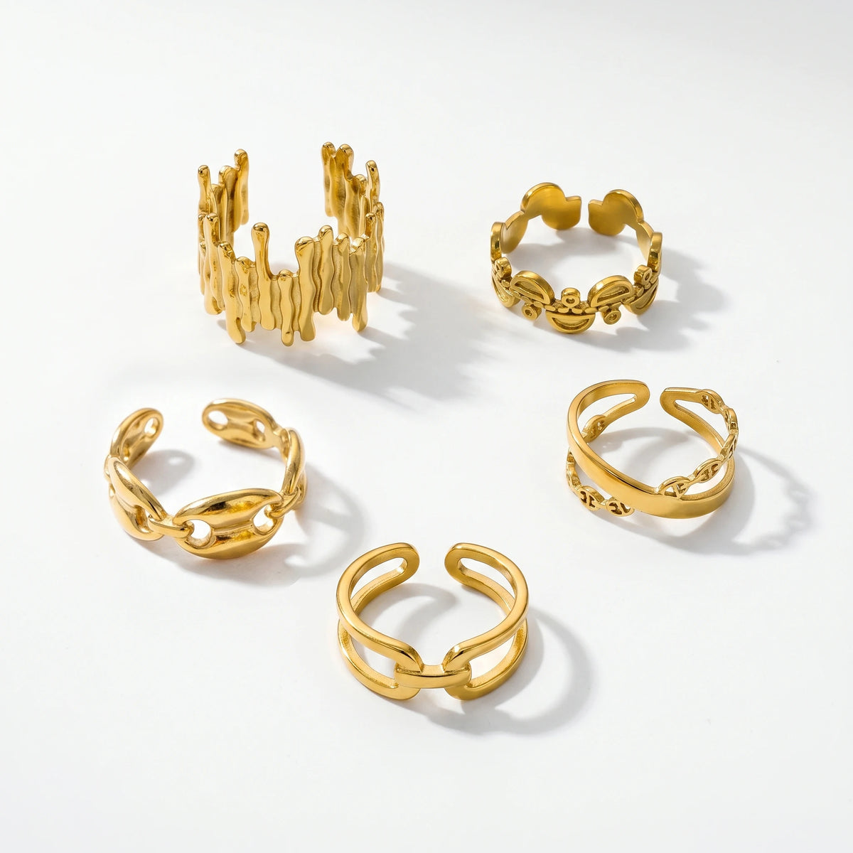 QIAOREN 5Pcs 18K Gold Plated Stainless Steel Open Ring Set, Adjustable Stackable Durable Finger Rings
