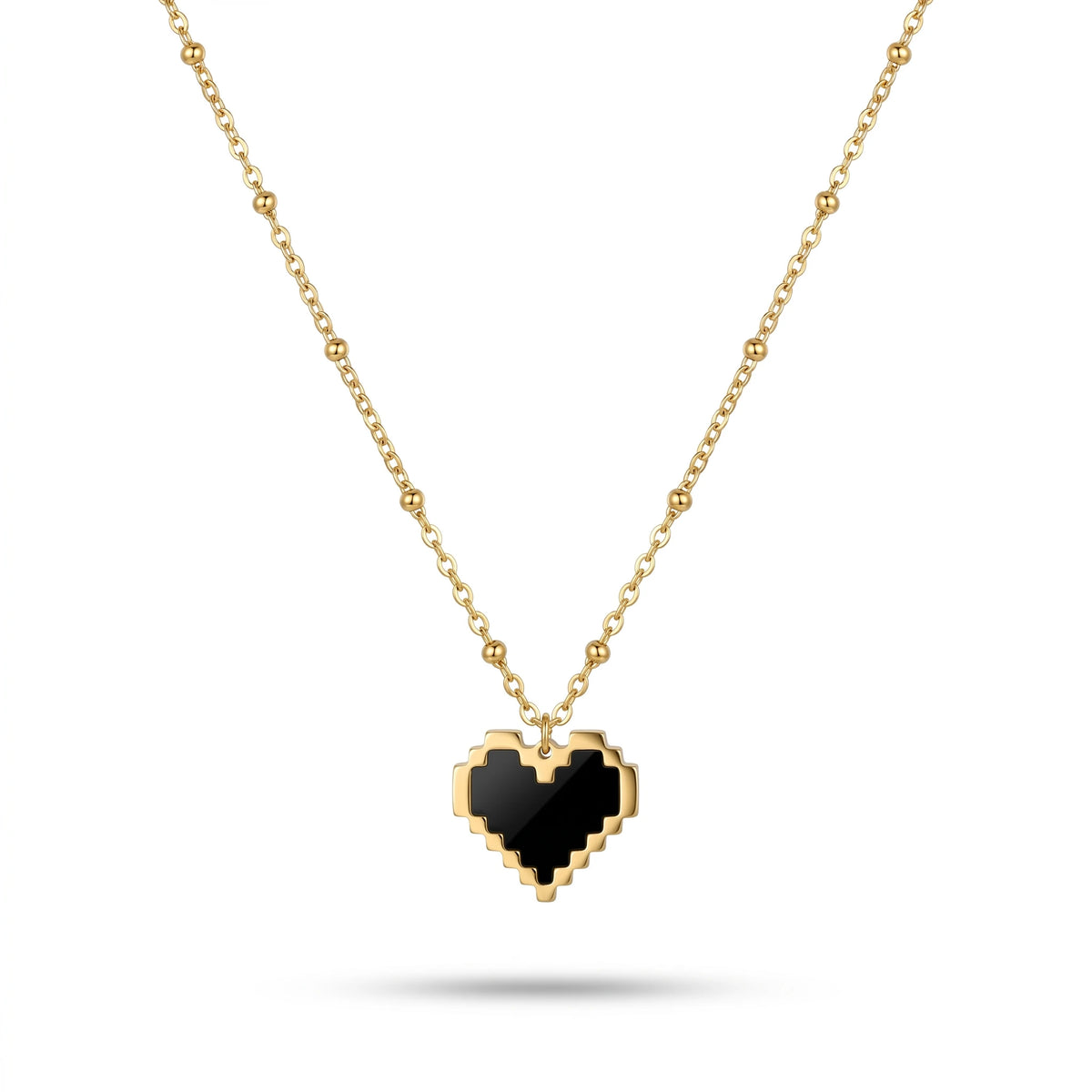 QIAOREN 11986 18K Stainless Steel Pixel Heart Pendant Necklace Black Enamel Inlay Beaded Cable Chain Retro Game Style Jewelry
