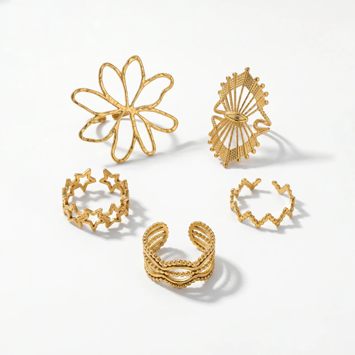 QIAOREN 13076-80 5Pcs 18K Gold Plated Stainless Steel Open Ring Set, Adjustable Stackable Flower & Heart Finger Rings