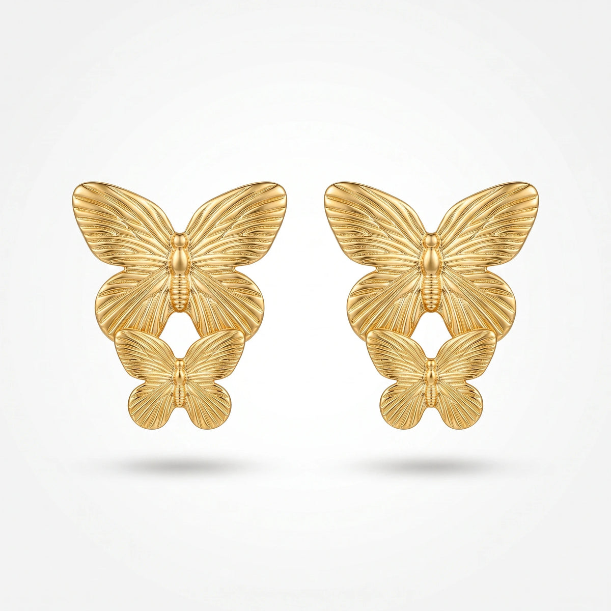 QIAOREN 13275 Gold Tone Double Butterfly Stud Earrings Fine Vein Textured Two Layer Butterfly Pin Studs Retro Elegant