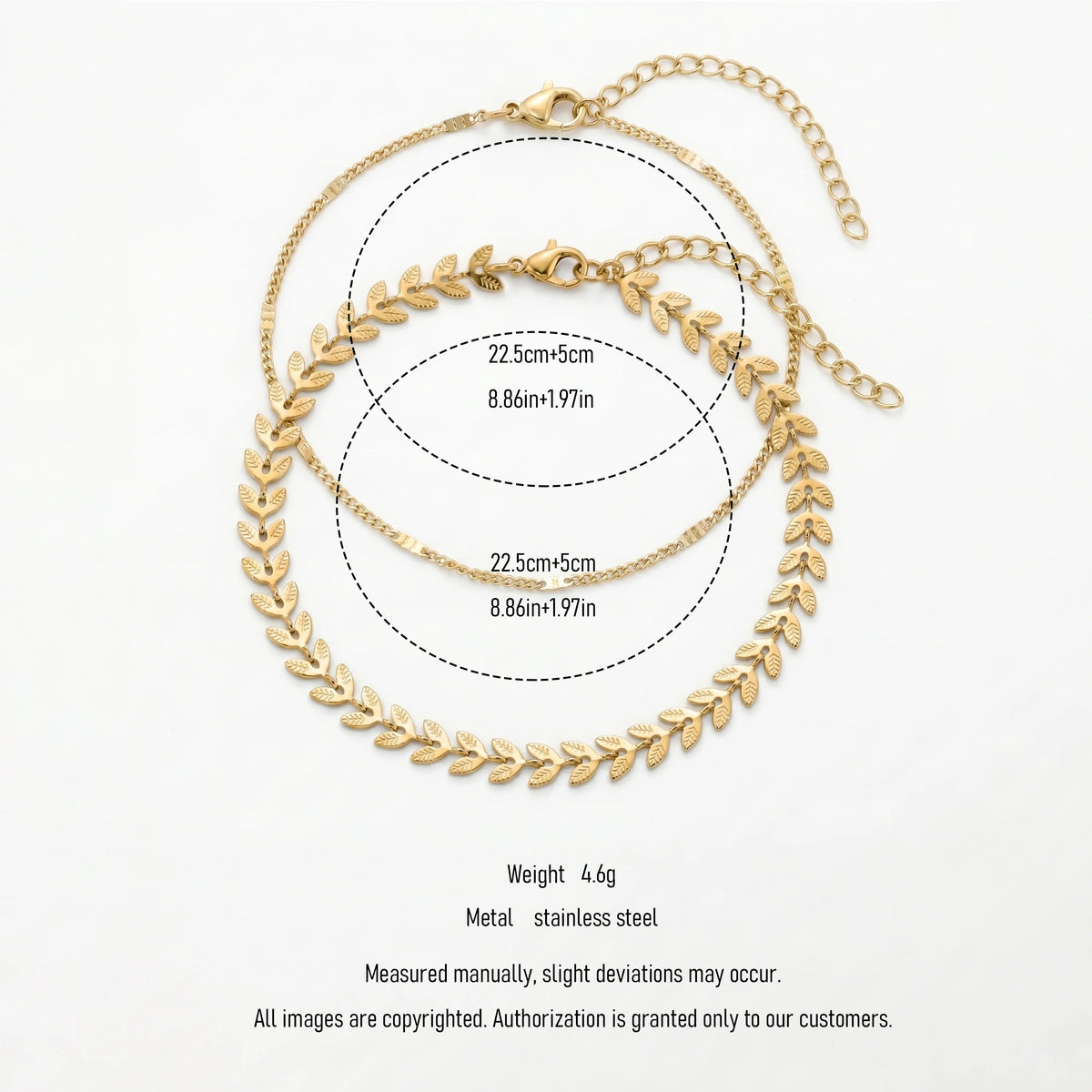 QIAOREN 11513 18K Gold Plated Stainless Steel Olive Leaf Layered Anklet Waterproof Adjust Ankle Bracelet Women BeachJewelry