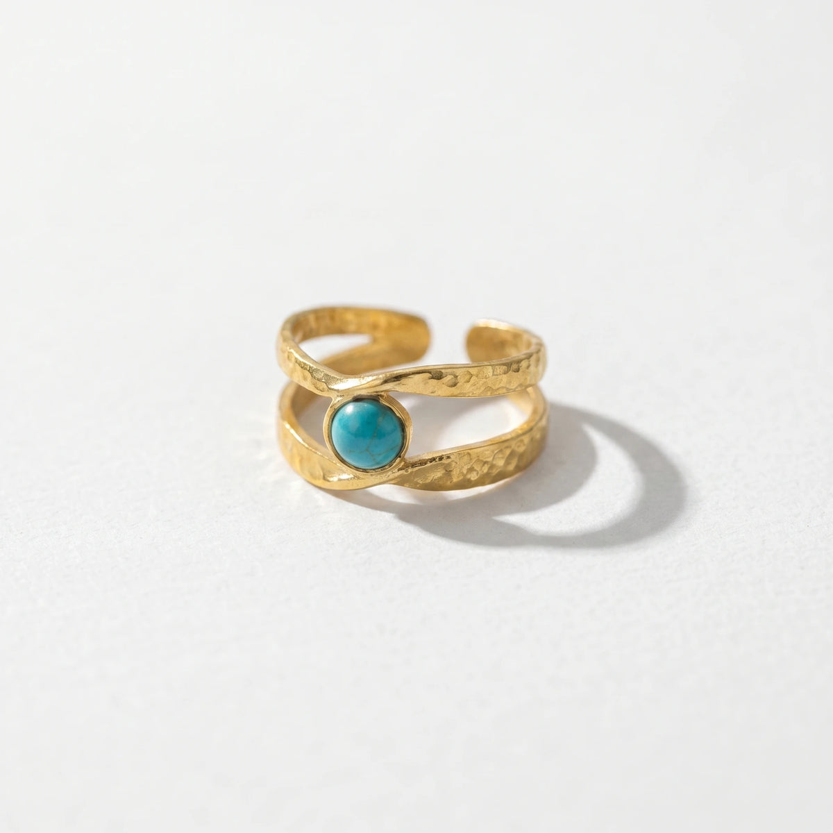QIAOREN  5Pcs Gold Stainless Steel Turquoise Open Ring Set Irregular Hammered Crown Adjustable Boho Stackable Rings