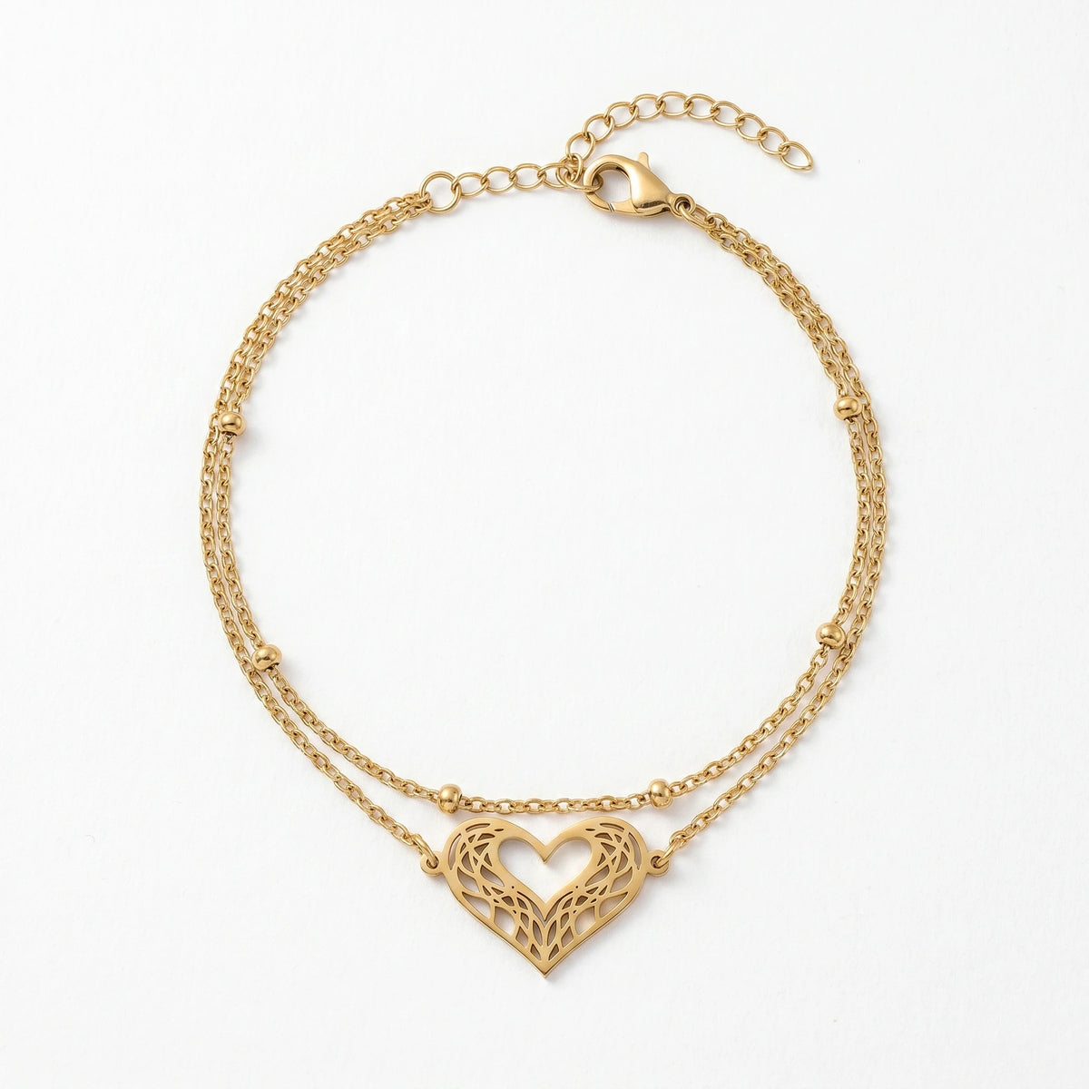 QIAOREN 11944 Trendy Filigree Heart Layered Bracelet Stainless Steel 18K Gold Plated Cutout Love Heart Satellite Chain Jewelry