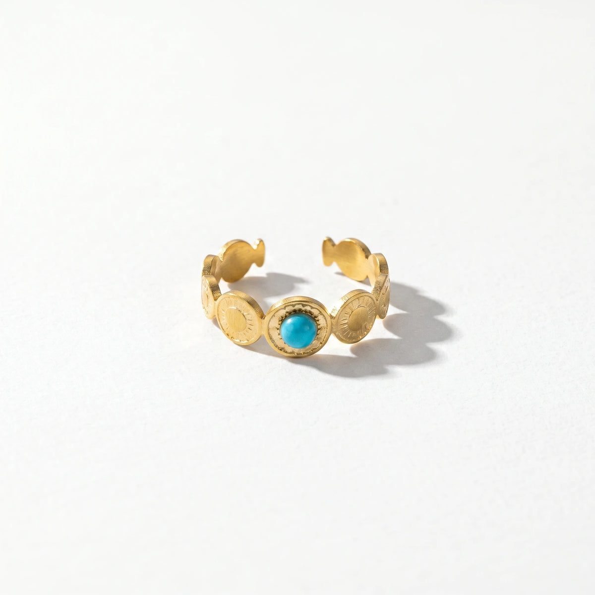 QIAOREN 13181-85 5Pcs Gold Stainless Steel Turquoise Open Ring Set Irregular Hammered Crown Adjustable Boho Stackable Rings