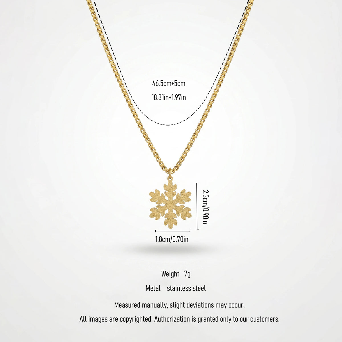 QIAOREN 11810 Waterproof Matte Snowflake Box Chain Necklace 18K Gold Stainless Steel All-Season Beach & Daily Use Jewelry