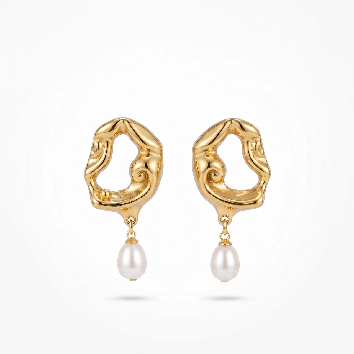 QIAOREN 12522  Avant-Garde Molten Metal Teardrop Pearl Earrings Stainless Steel Gold Irregular Statement Jewelry