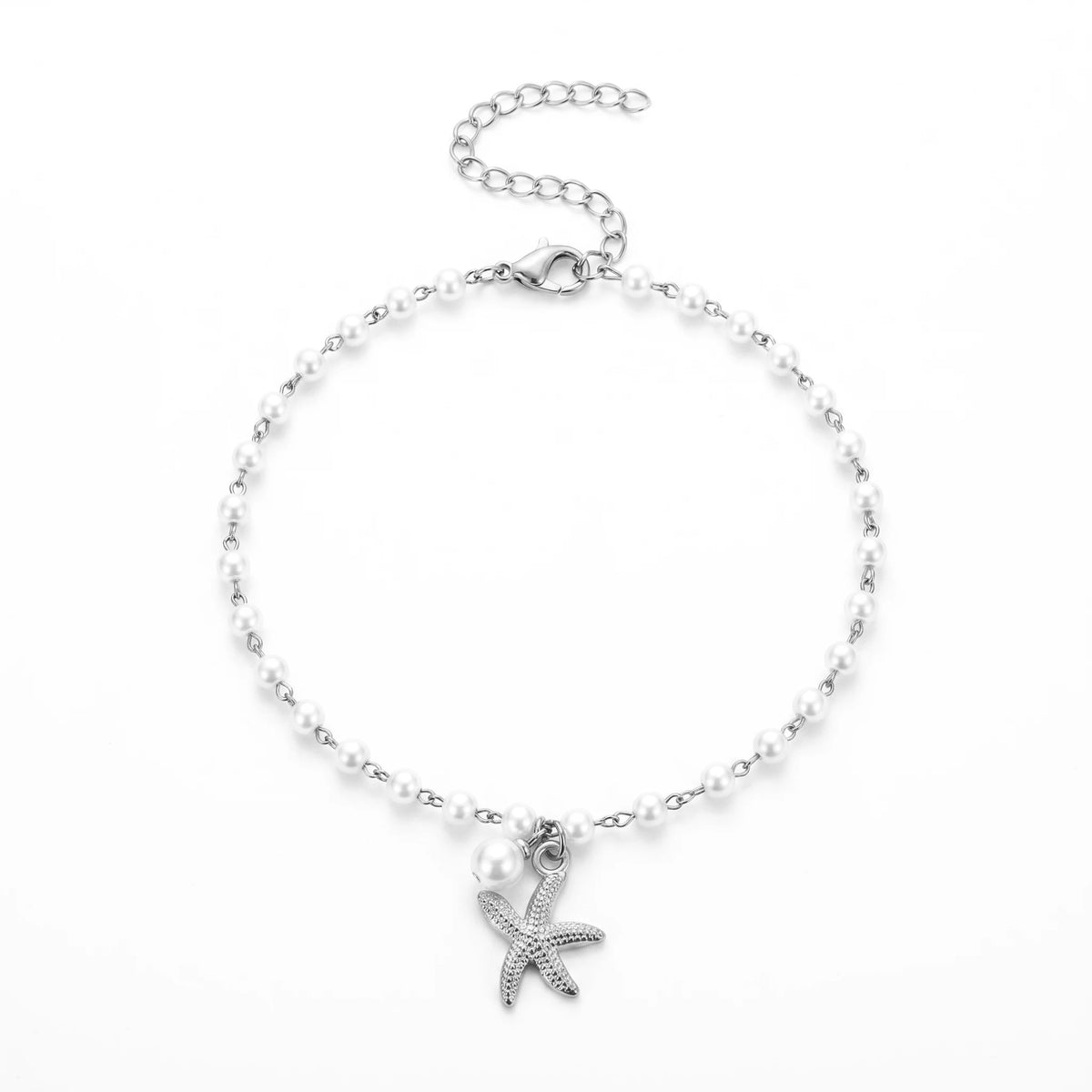 QIAOREN 11047 Chic Coastal Pearl Anklet with Gold Starfish Pendant Waterproof Vacation Jewelry for Women