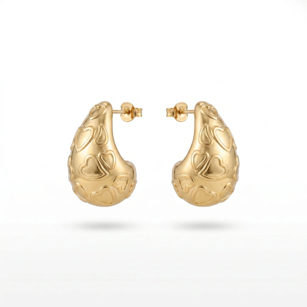 QIAOREN 12270 Elegant Carved Heart Puffy Teardrop Earrings Gold Stainless Steel Sweet Romantic Waterdrop Statement Gift Women