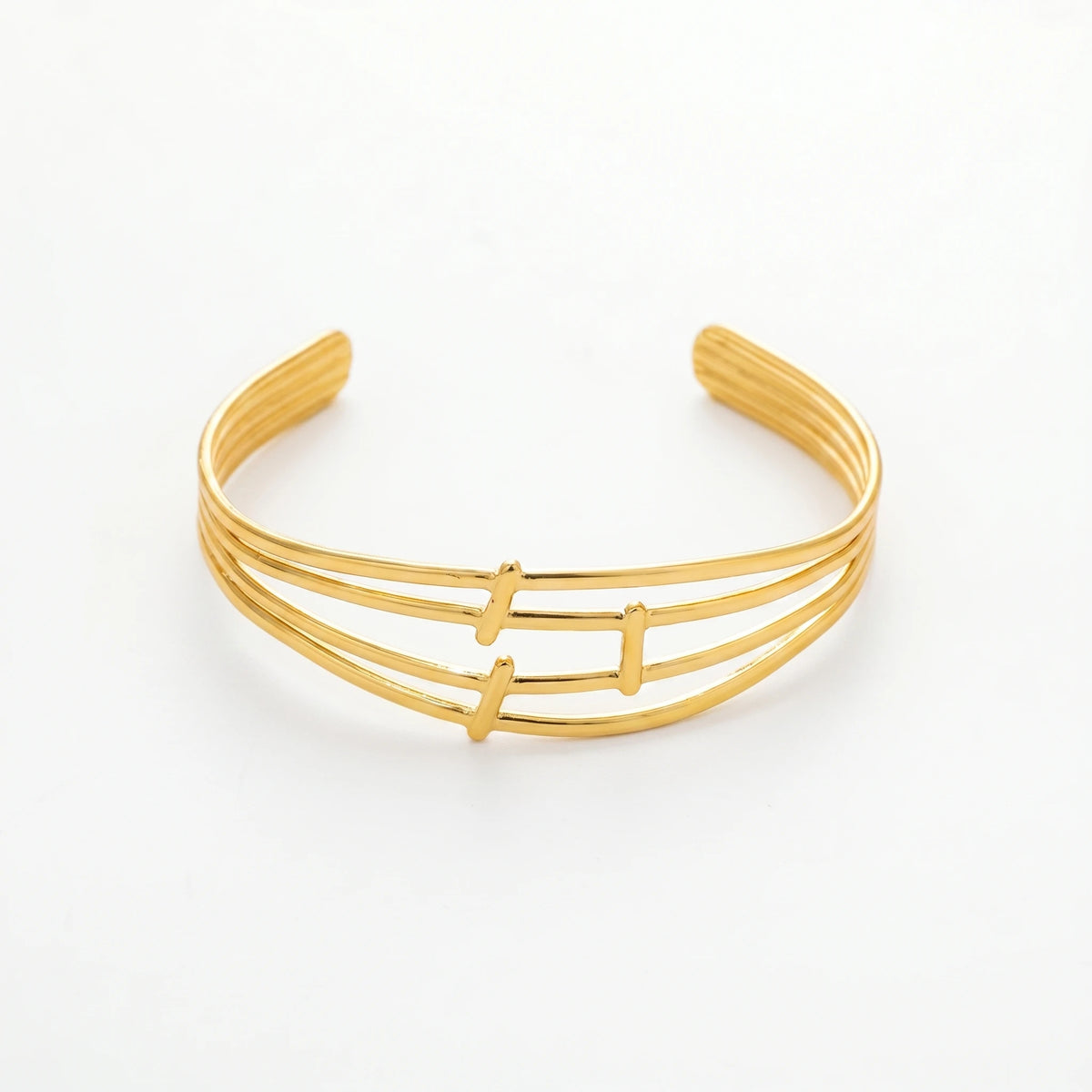 QIAOREN 12672 Sleek Triple Parallel Linked Rod Adjustable Open Cuff Bracelet Tarnish Free Stainless Steel 18K Gold  Line Wrist