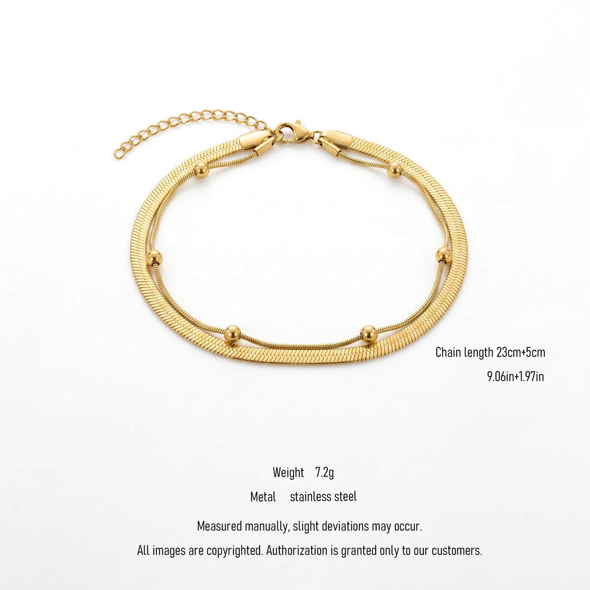 QIAOREN 11043 Double Layer Gold Anklet Stainless Steel Waterproof Snake Chain Beach Foot Jewelry for Women