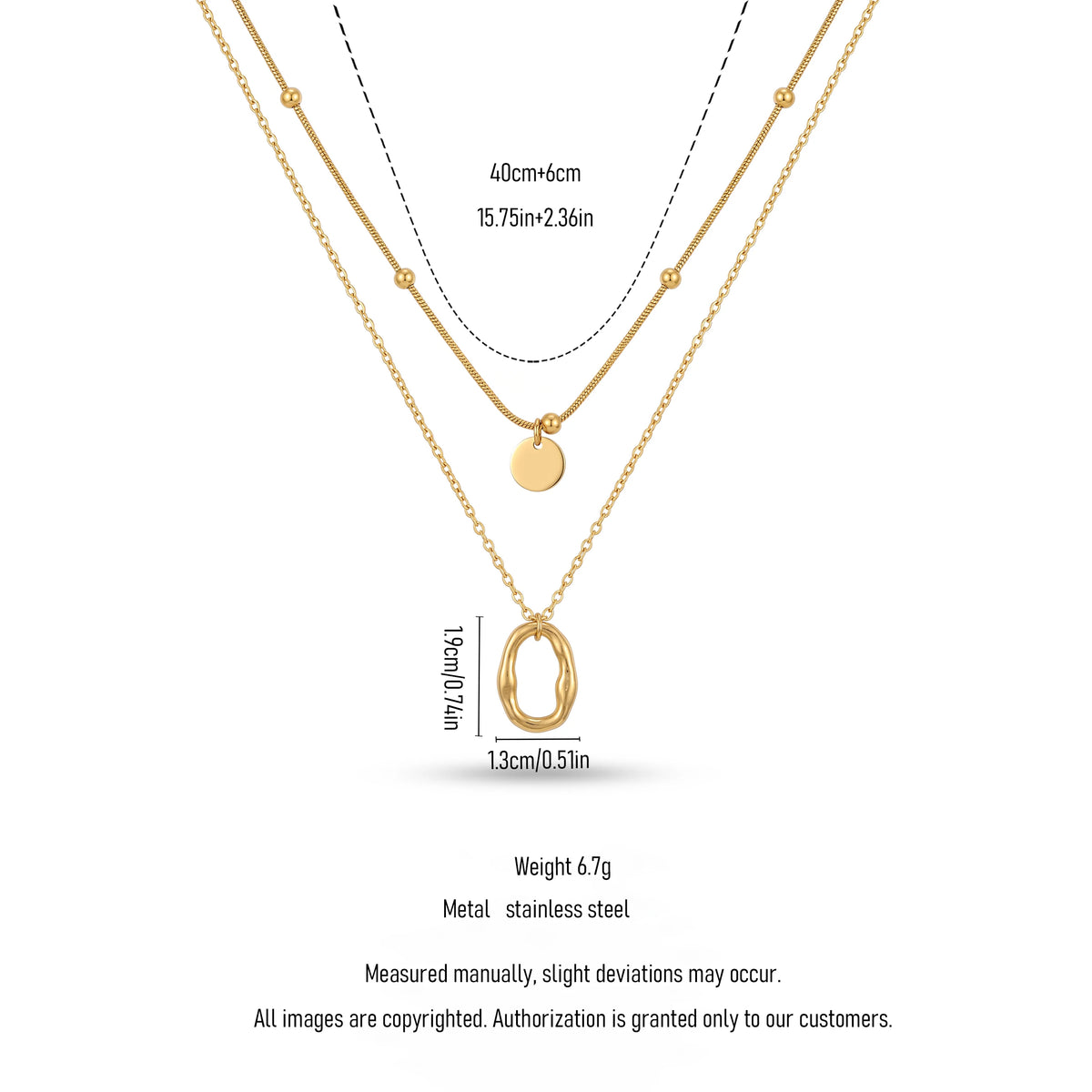 QIAOREN 13812 Double Layer Stacked Pendant Necklace with Beaded Snake Chain & Smooth Disc Charm, Outer Oval Link Chain