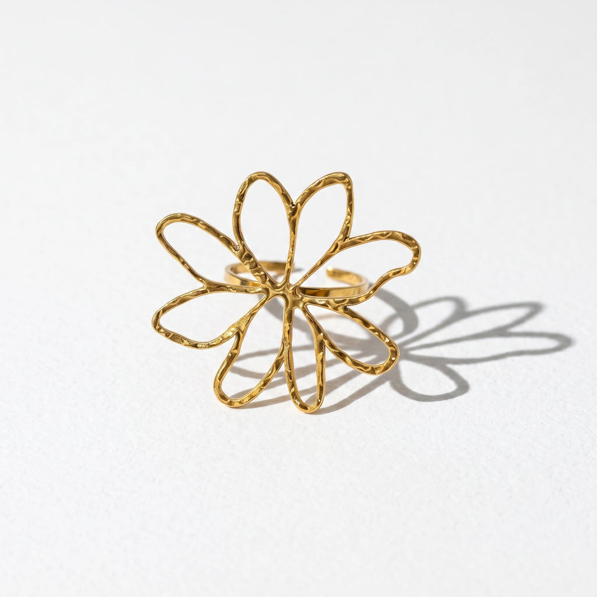 QIAOREN 13076-80 5Pcs 18K Gold Plated Stainless Steel Open Ring Set, Adjustable Stackable Flower & Heart Finger Rings