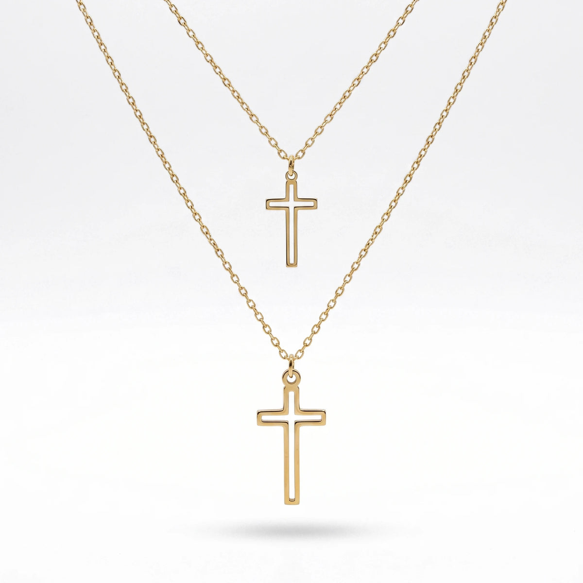 QIAOREN 11973 European Hot Sell Stainless Steel Layered Open Cross Pendant Necklace Cutout Two-Tier Cross Chain Necklaces