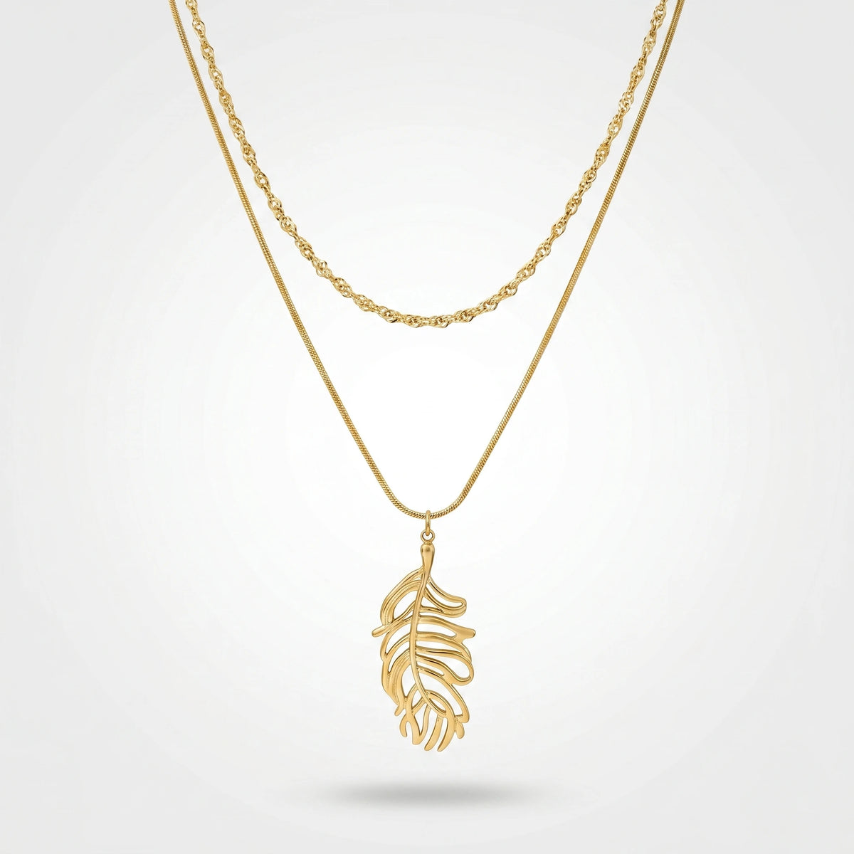 QIAOREN 11928 Elegant Double Layered Stainless Steel Leaf Necklace Gold Snake Twisted Chain  Jewelry Women EU US Hot Sell