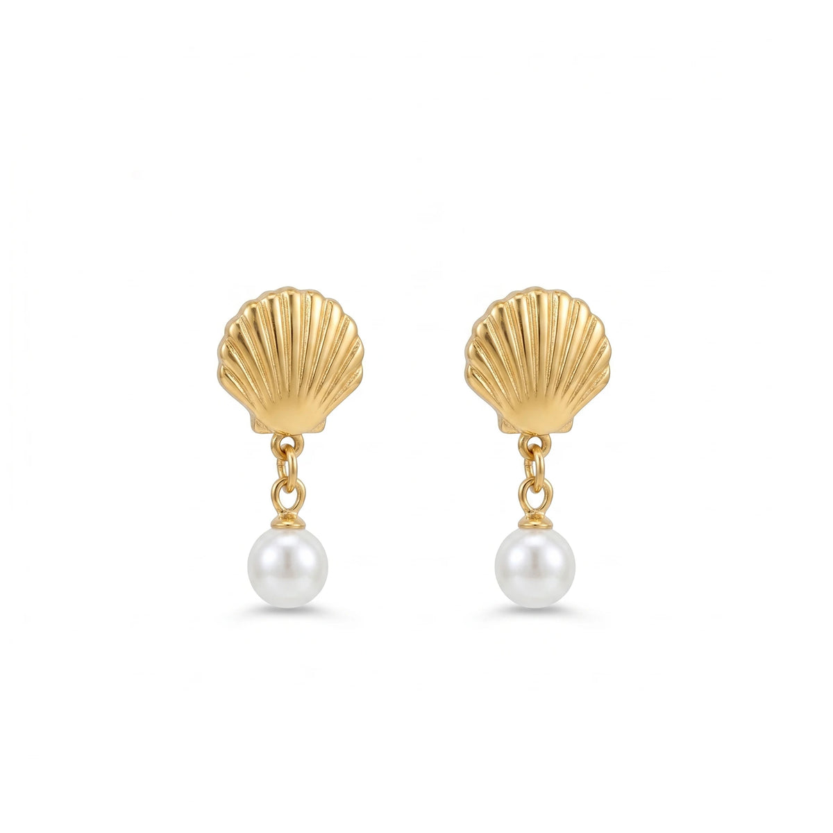 QIAOREN11786 18K Gold Plated Stainless Steel Sea  Earrings with Double Imitation Pearl Tassel Drop