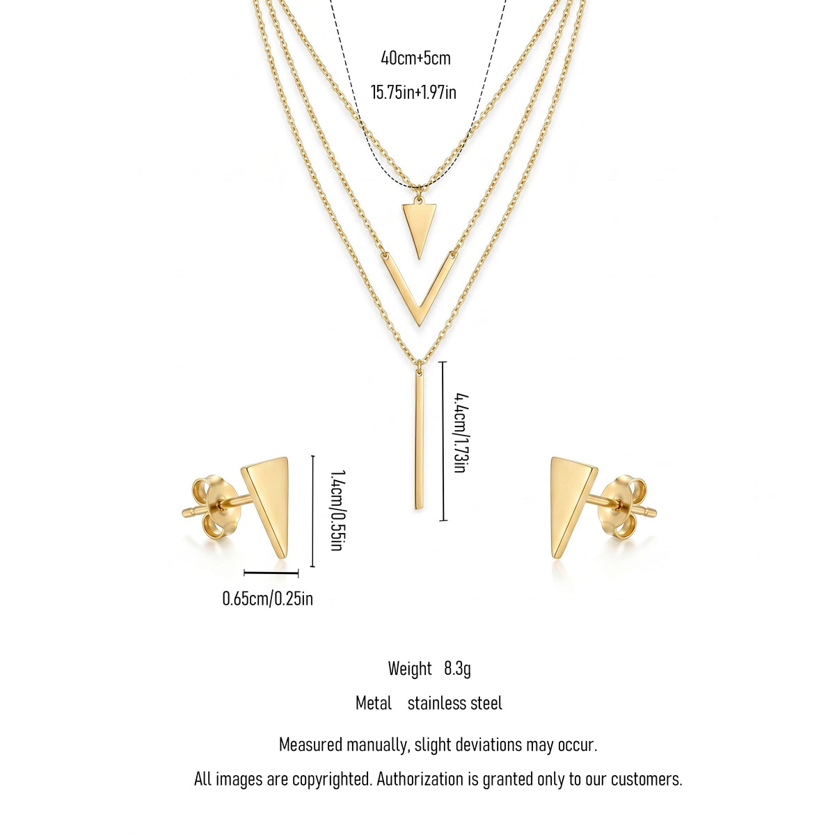 QIAOREN 11569 18K Gold Plated Stainless Steel Layered Necklace Earrings Set, Minimalist V Shape Triangle Vertical Bar Jewelry