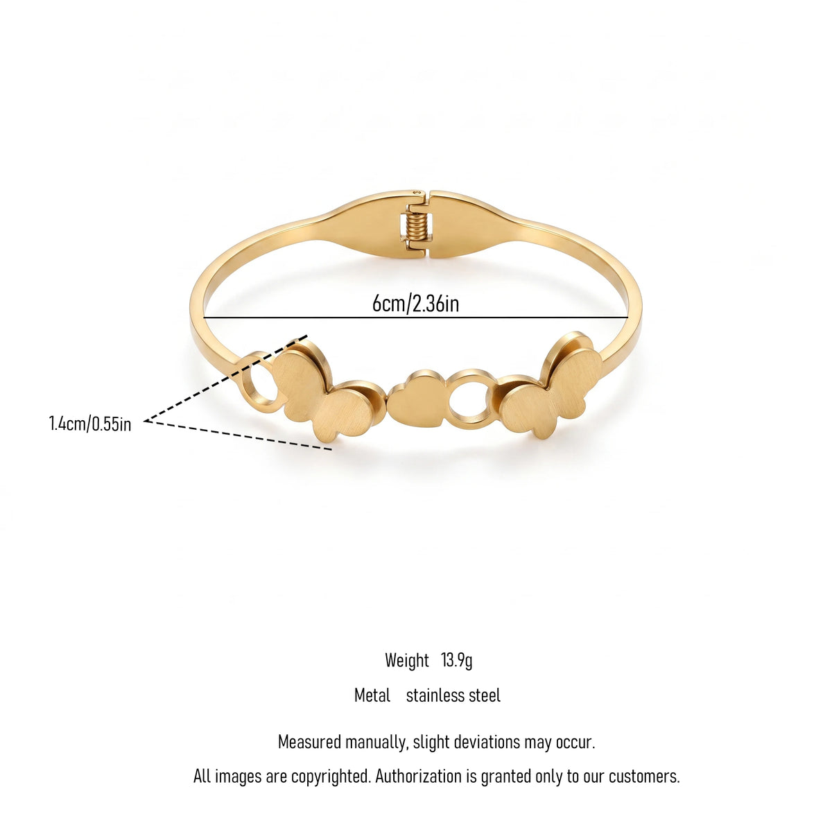 QIAOREN 13657 Spring Cuff Bangle Bracelet with Double Matte Butterfly & Hollow Circle Combined Charms, Polished Thin Bangle