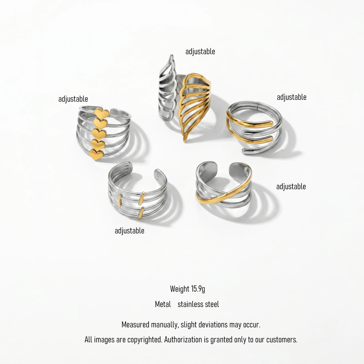 QIAOREN 12933-37 18K Gold Plated 316L Stainless Steel Two Tone Snake Star Adjustable Rings Set Tarnish Free Waterproof Jewelry