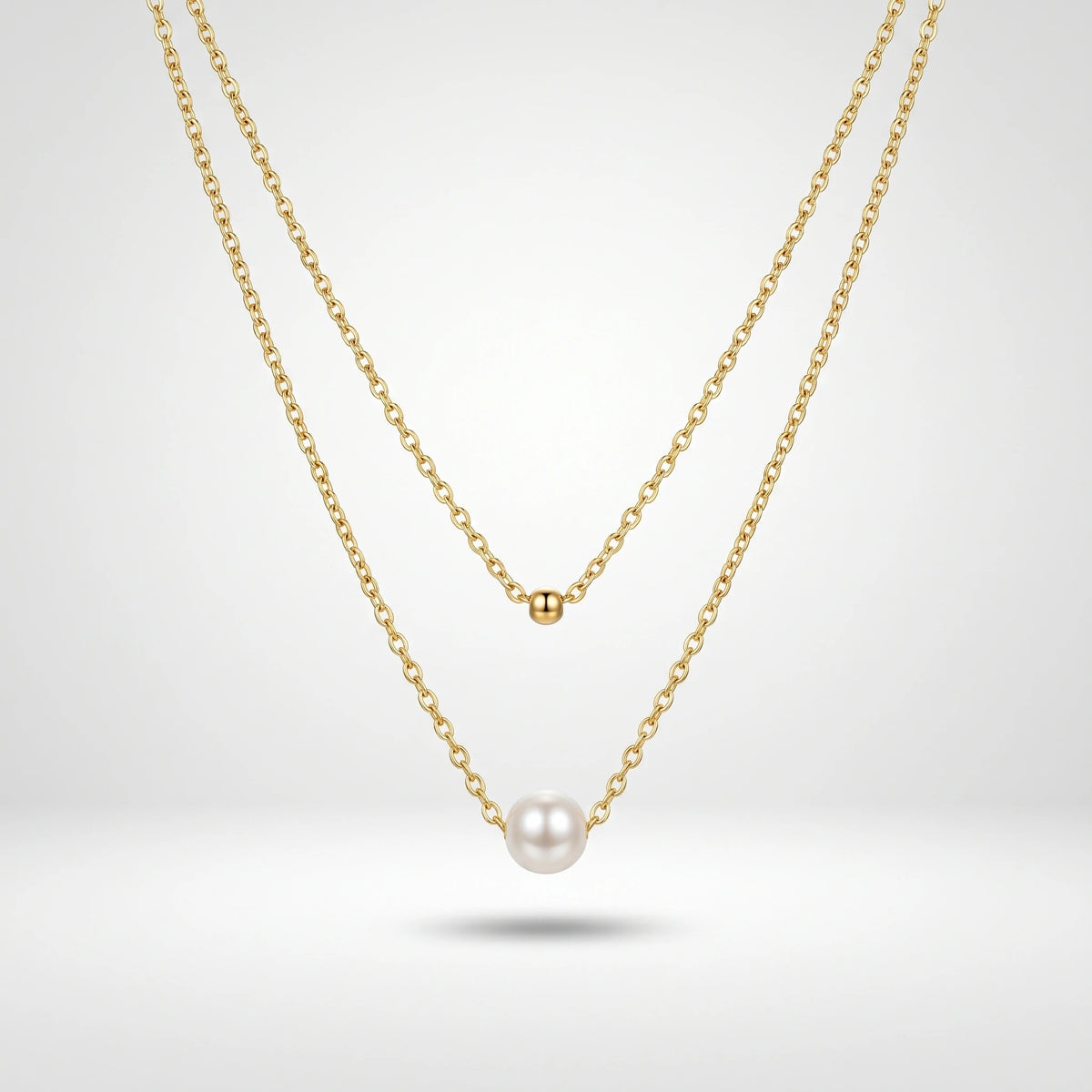 QIAOREN 11237 18K Gold Plated Layered Pearl and Gold Ball Pendant Necklace Stainless Steel Tarnish Free Waterproof Jewelry