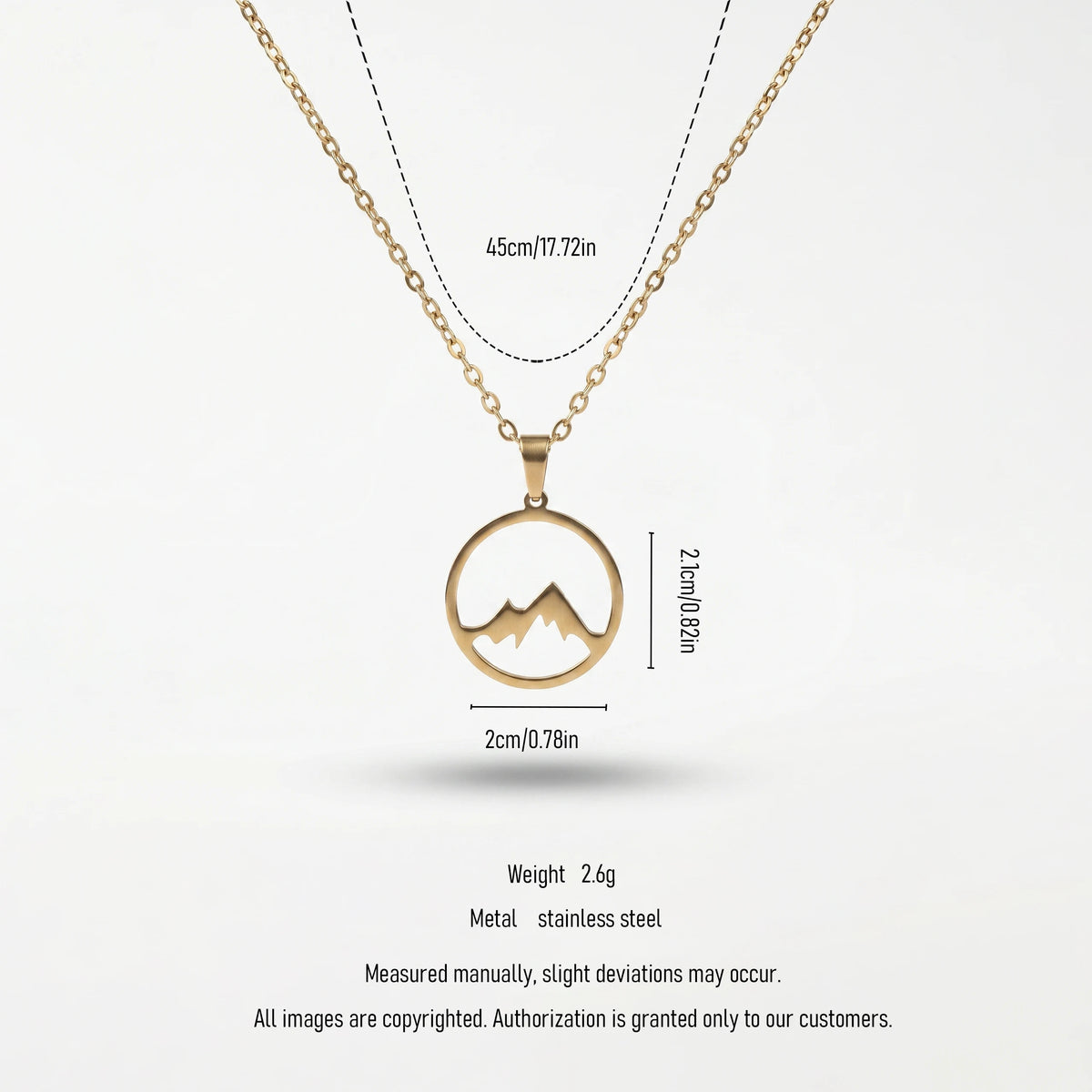 QIAOREN 11251 18K Gold Plated Hollow Mountain Circle Pendant Necklace Stainless Steel Tarnish Free Adventure Hiking Jewelry
