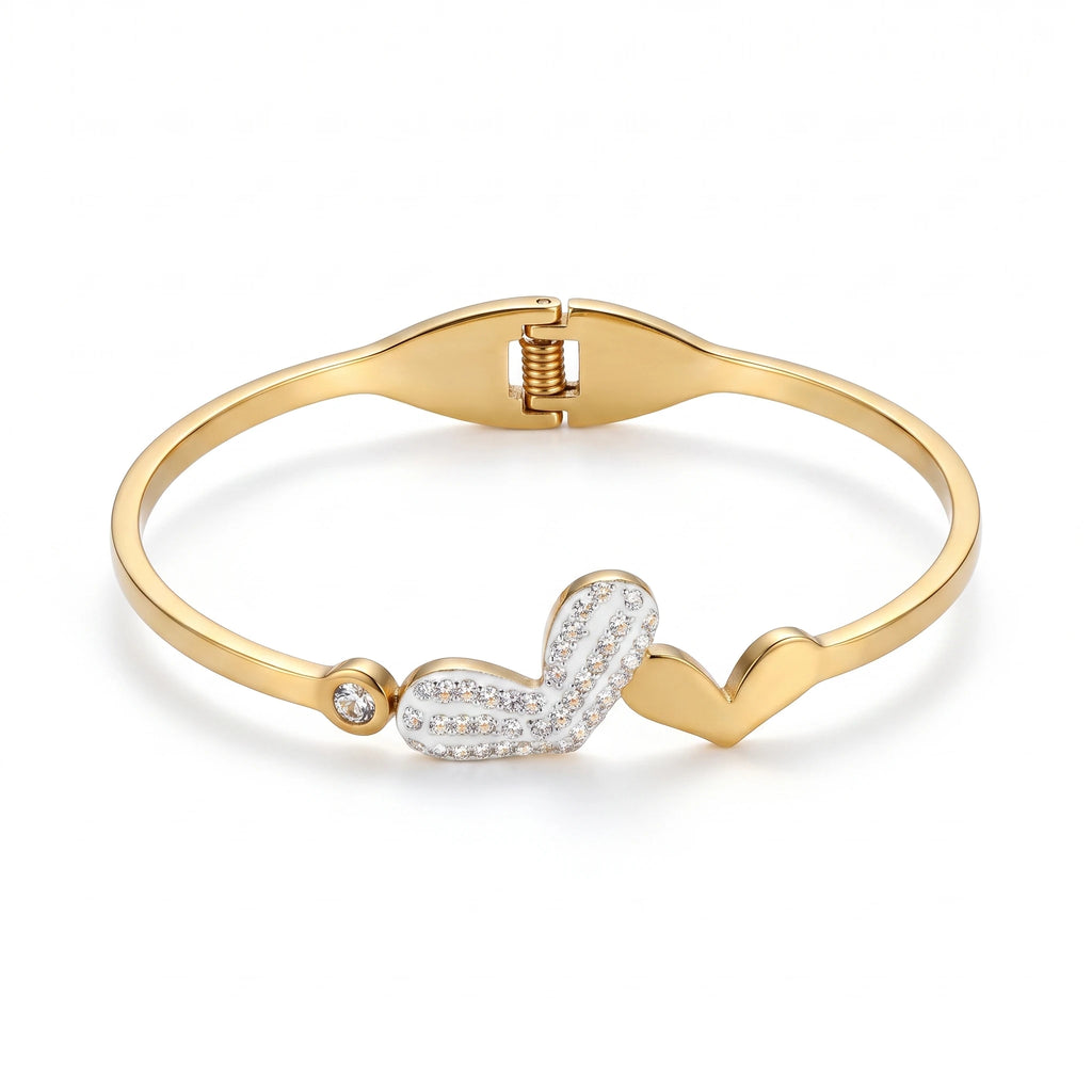 QIAOREN 13659 Spring Thin Cuff Bangle with Offset Dual Heart Charms, Paved Clear Zircon Curved Heart & Solid Plain Heart