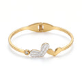QIAOREN 13659 Spring Thin Cuff Bangle with Offset Dual Heart Charms, Paved Clear Zircon Curved Heart & Solid Plain Heart