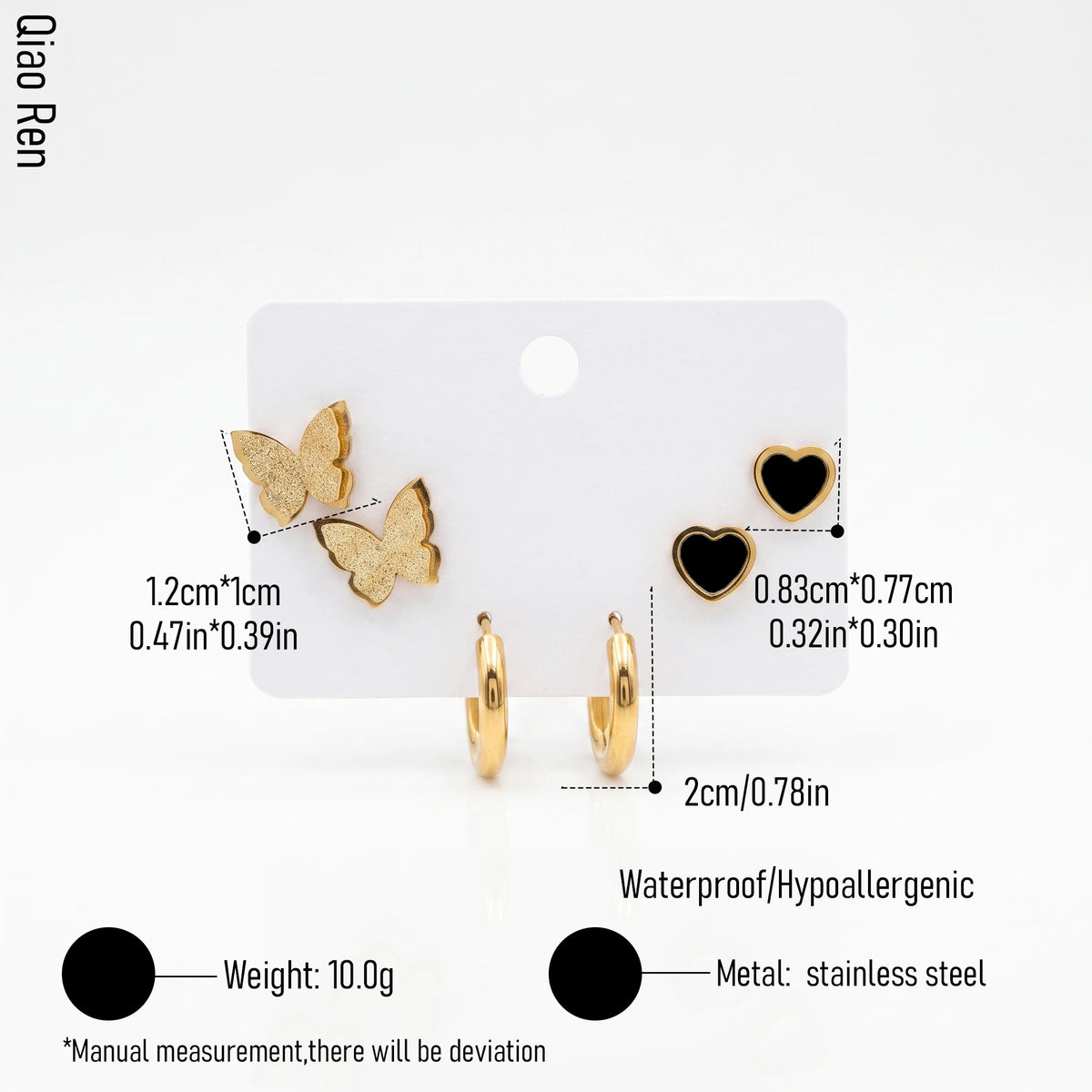 QIAOREN 14484 3 Pairs Gold Stainless Steel Earrings Set, Frosted Butterfly Studs, Shell Heart Studs & Minimalist Huggie Hoop Ear