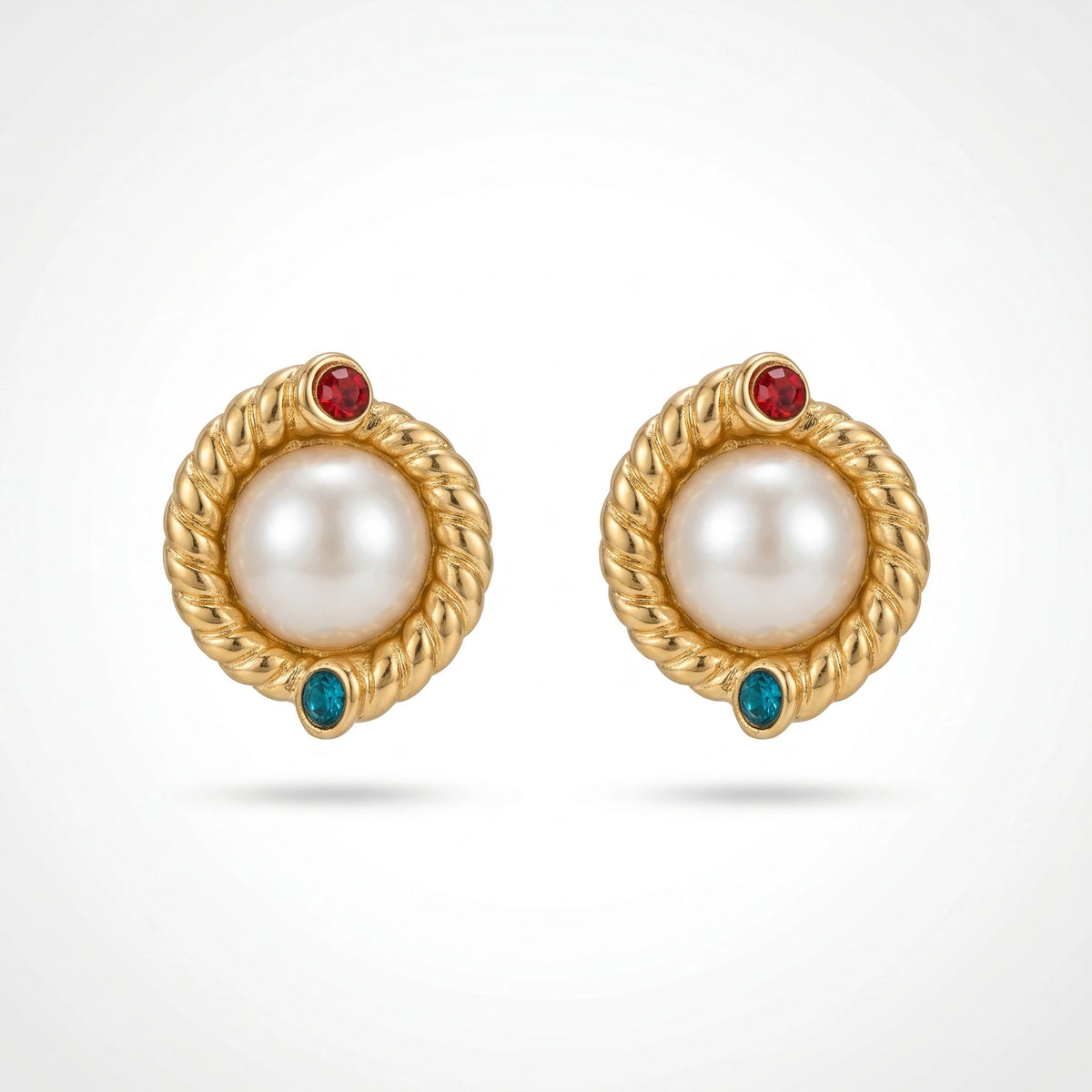 QIAOREN 12262 Byzantine Vintage Pearl Stud Earrings Gold Stainless Steel Twisted Rope Red Blue CZ Accent Jewelry Women US EU