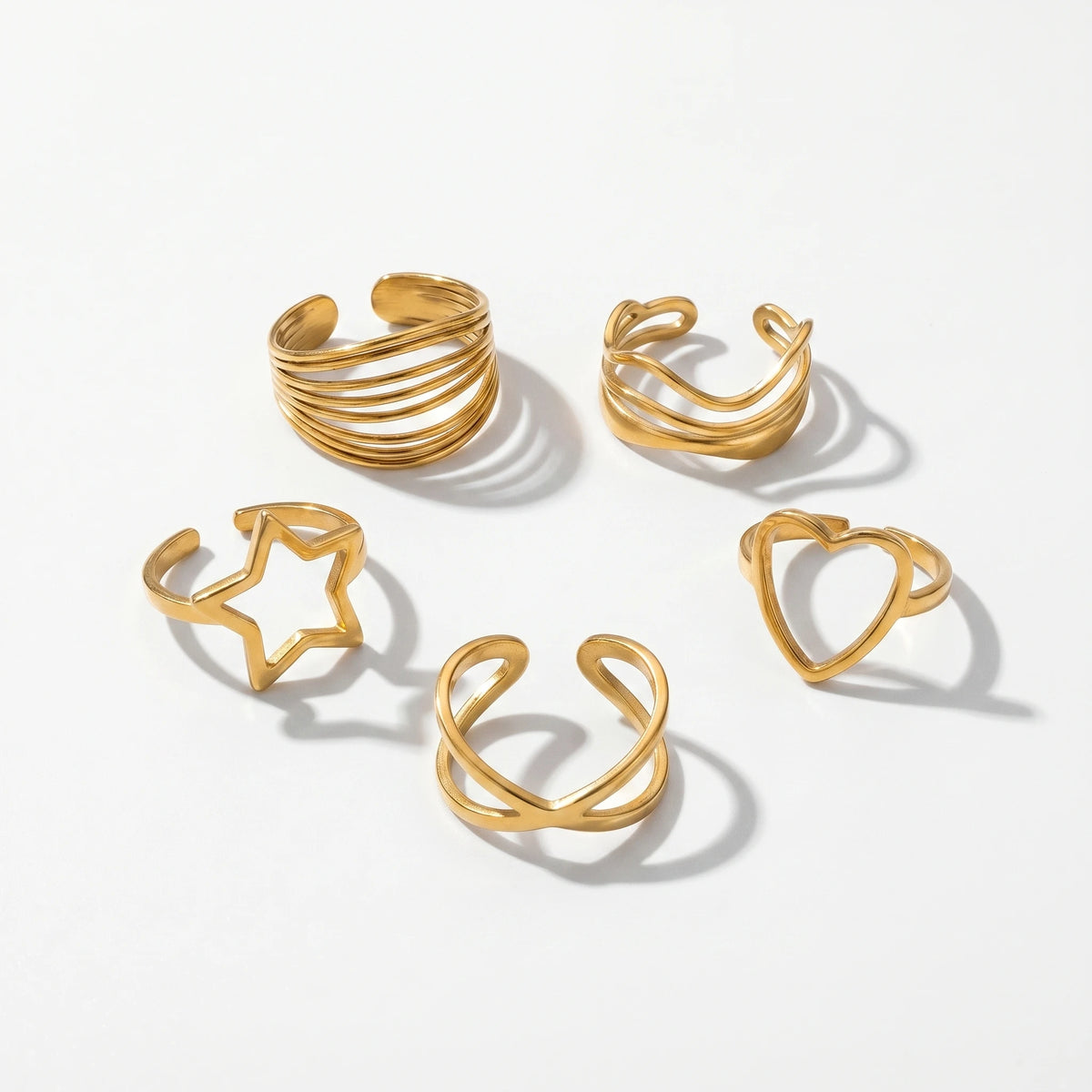 QIAOREN 13071-75 5Pcs 18K Gold Plated Stainless Steel Open Ring Set, Adjustable Stackable Hollow Star & Heart Finger Rings