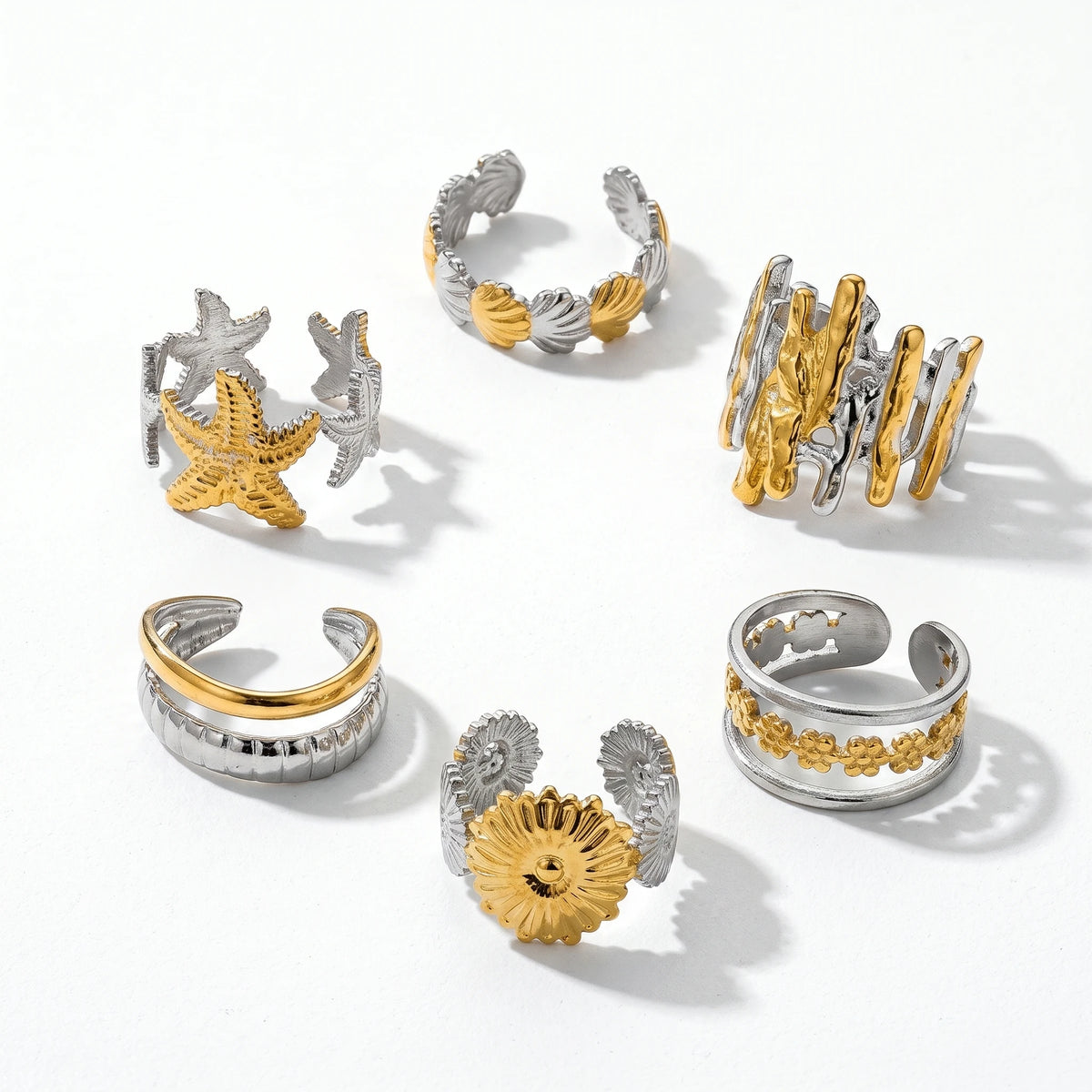 QIAOREN 13002-05 Gold Silver Plated Adjustable Open Stack Ring Set for Women Minimalist Geometric Statement Rings
