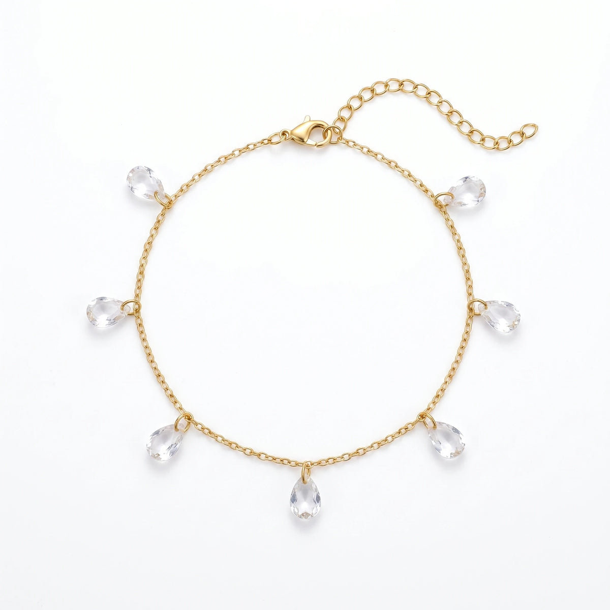 QIAOREN 11414 Tarnish Resistant Waterproof 18K Gold Plated Stainless Steel Teardrop CZ Charm Anklet