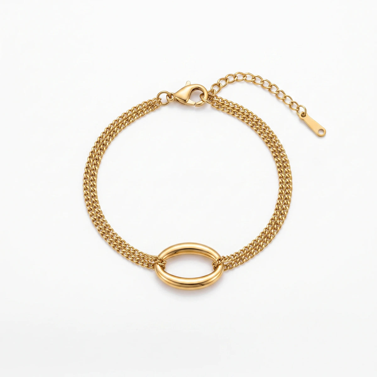 QIAOREN 13974 Stainless Steel Double Chain Bracelet Gold Oval Link Bracelet Adjustable Minimalist Jewelry for Women
