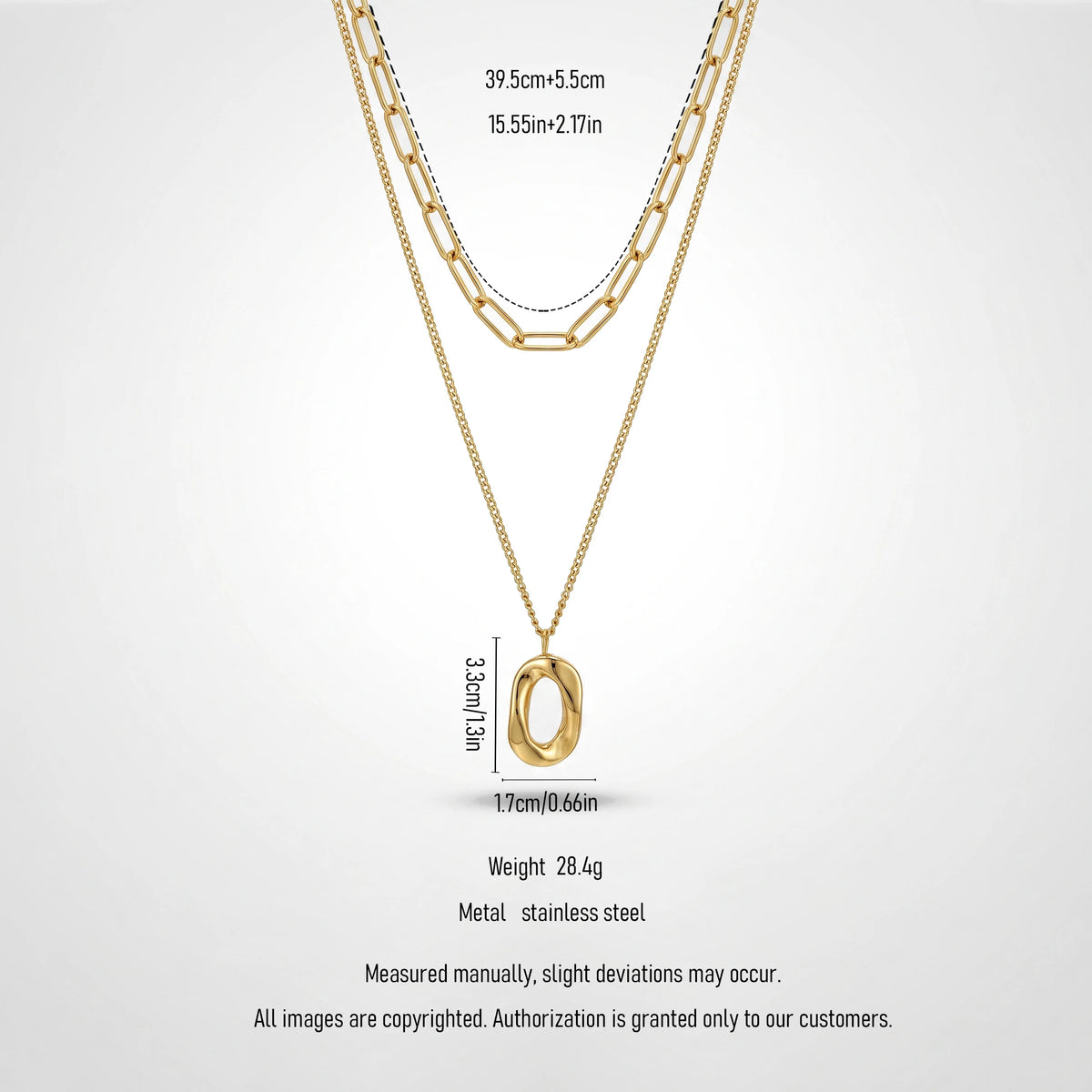 QIAOREN 13988 Double Layer Stacked Necklace with Paperclip Top Chain & Irregular Hollow Oval Pendant Inlaid Tiny CZ