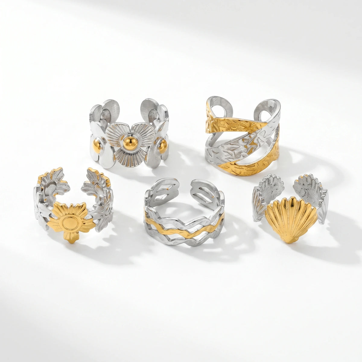 QIAOREN 12938-42 18K Gold Plated 316L Stainless Steel Two Tone Snake Star Adjustable Rings Set Tarnish Free Waterproof Jewelry