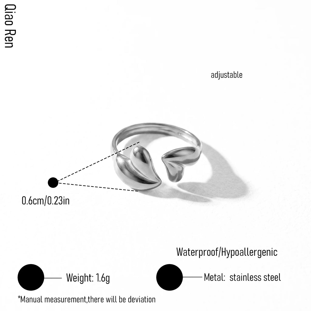 QIAOREN 14149-57 Heart Theme Stackable Open Ring Set, Multi Styles Love Shape Adjustable Ring Jewelry Gift for Daily Outfits