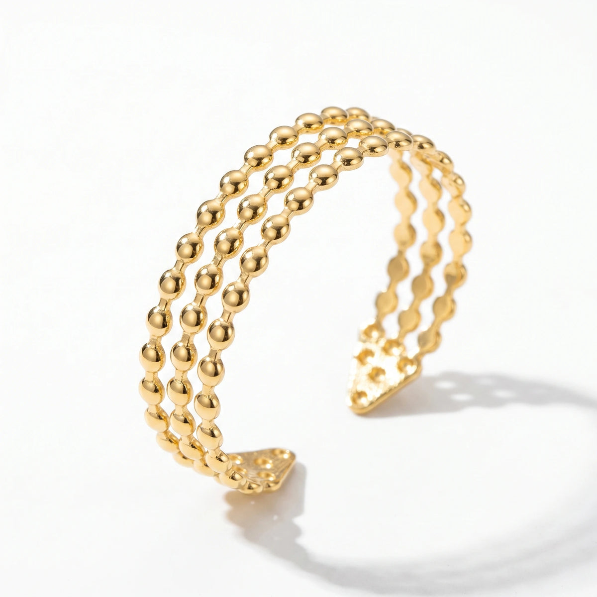 QIAOREN 12695 Classic Parallel Tiny Gold Bead Wide Open Gold Bangle Hypoallergenic Stainless Steel Hollow Stackable Bracelet
