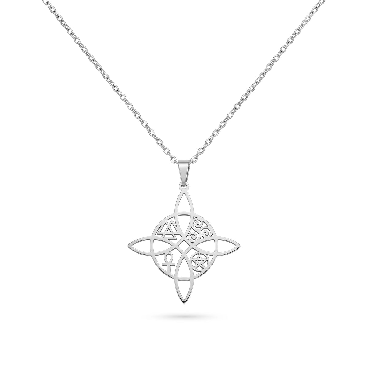 QIAOREN 11841 Waterproof Hollow Celtic Witch Knot Necklace 18K Gold Stainless Steel Four Elements Spiritual All-Day Wear Jewelry