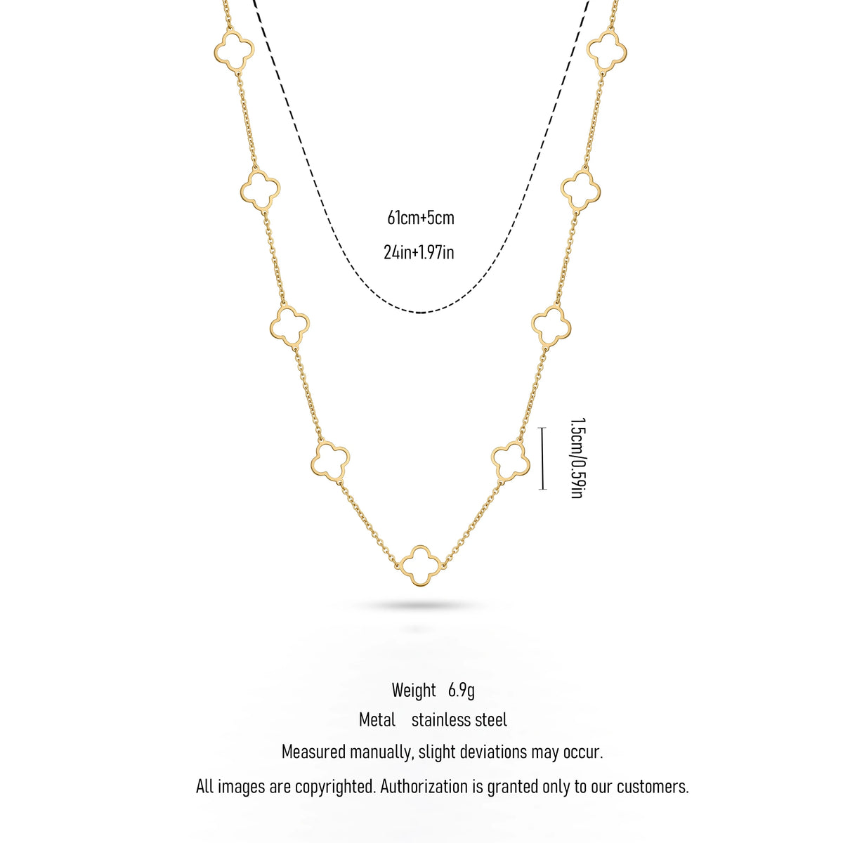 QIAOREN 11357 18K Gold Plated Open Clover Station Necklace Stainless Steel Tarnish Free Waterproof Jewelry