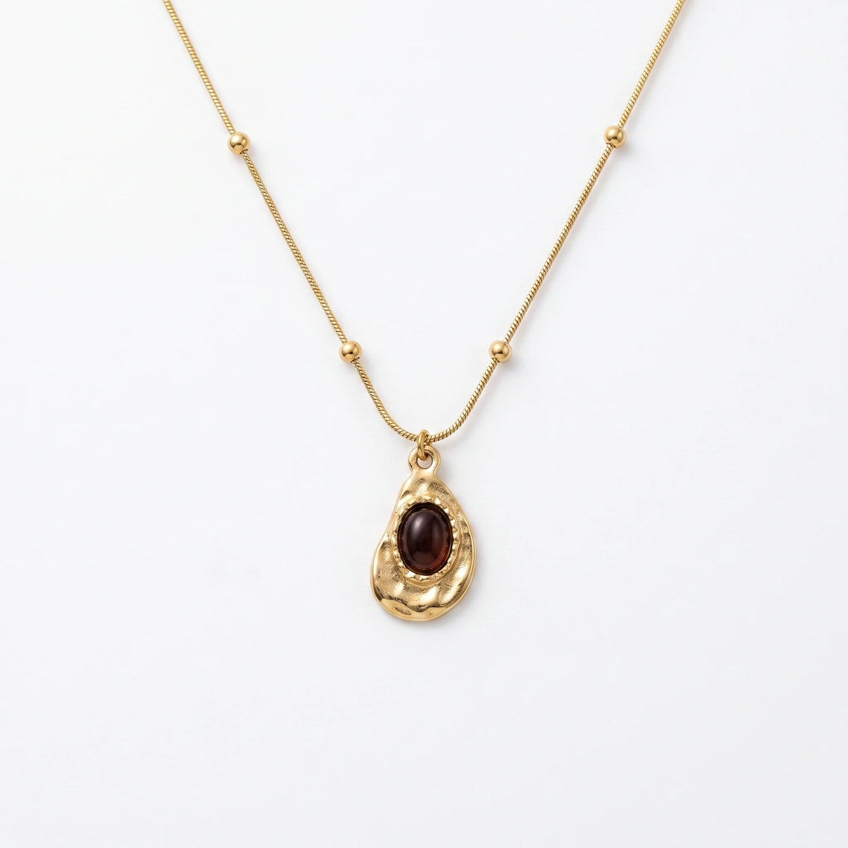 QIAOREN 13551 Stainless Steel Teardrop Pendant Necklace Gold Beaded Chain Black Stone Charm Vintage Jewelry for Women
