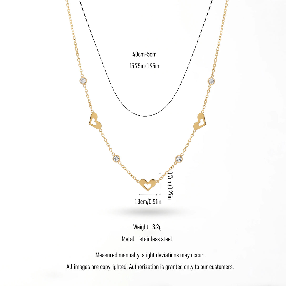 QIAOREN 13165 Gold Plated Open Heart Station Necklace Stainless Steel CZ Chain Necklace Dainty Layering Jewelry for Women