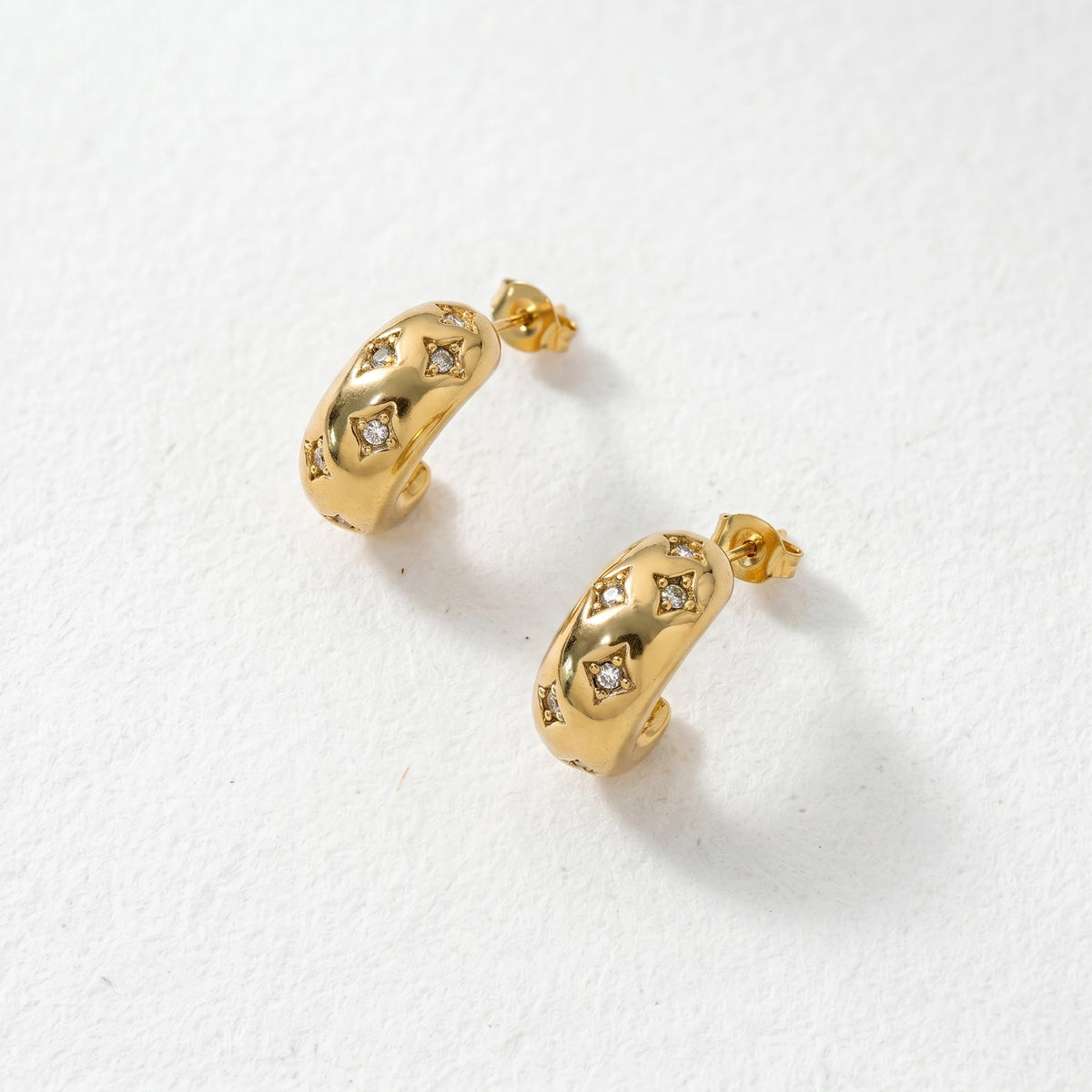 QIAOREN 12430 Tarnish Free Celestial Star Dome Earrings 18K Gold Plated Stainless Steel Puffy Flush Set Zircon Letter